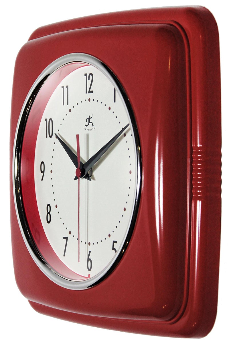 Infinity Instruments Square Silent Retro 9 inch Mid Century Modern Kitchen Diner Retro Wall Clock Quartz Sweep Movement (Red) - Image 3